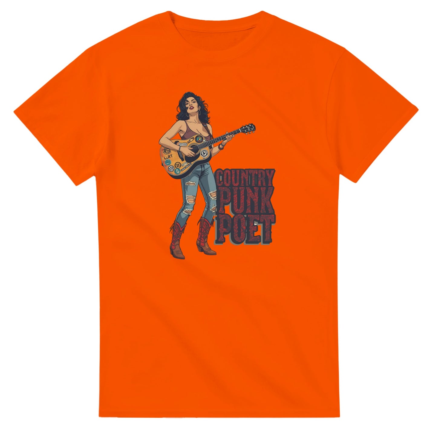 Woman wearing a red t-shirt with a graphic design, holding shopping bags in a mall.