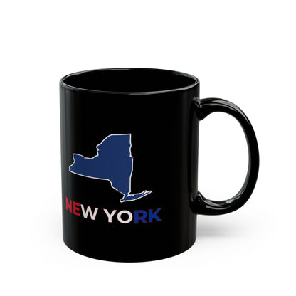 Black mug with New York state outline and text.