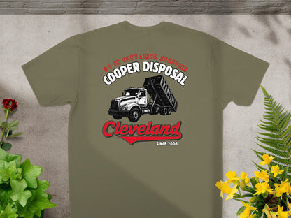 Cooper Disposal truck graphic on green t-shirt.