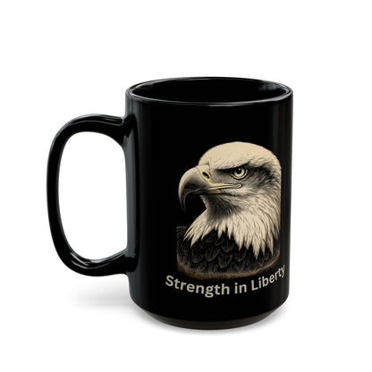 Black mug with eagle and "Strength in Liberty" text.