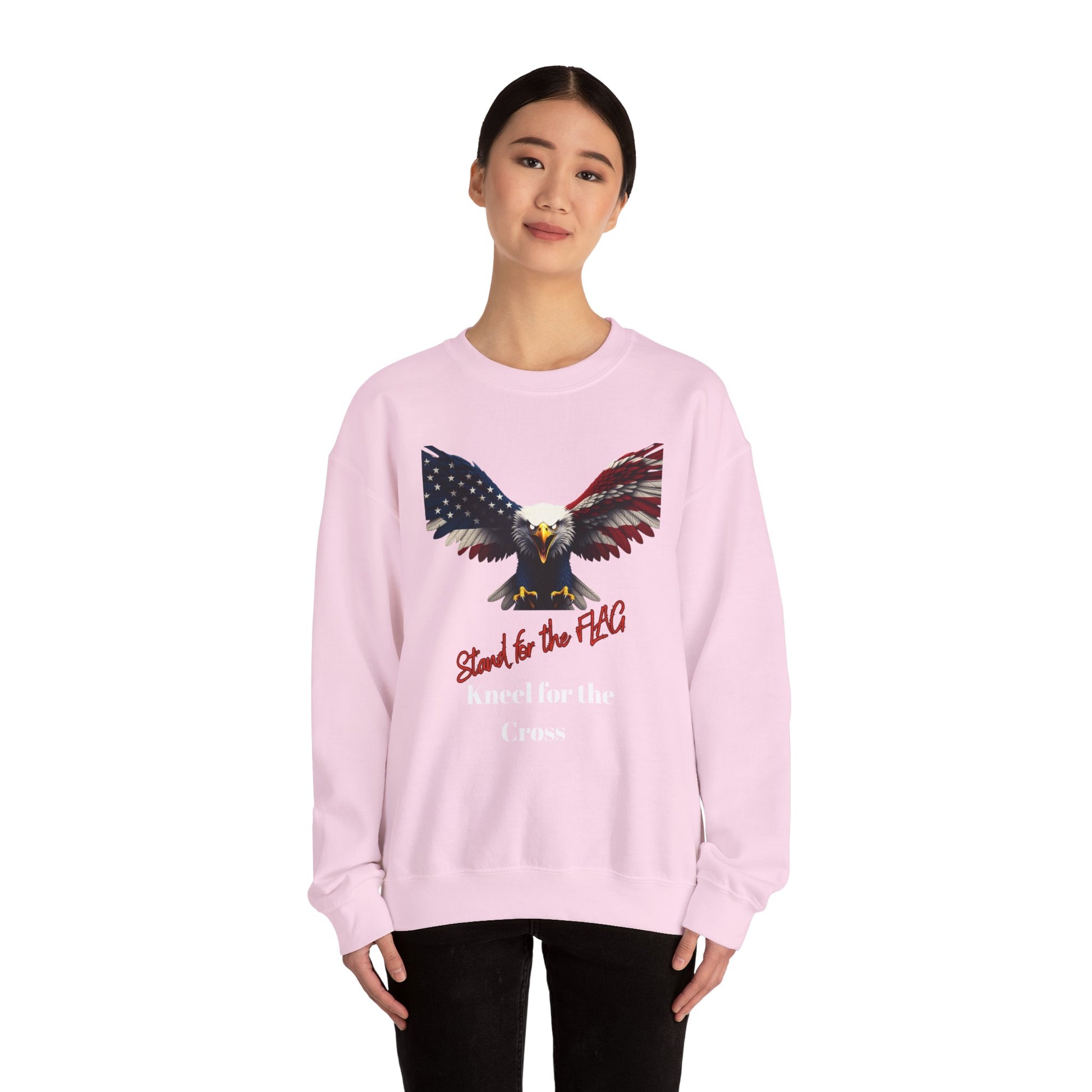 Stand For The Flag Kneel For The Cross Patriotic Eagle text on a Crewneck Sweatshirt