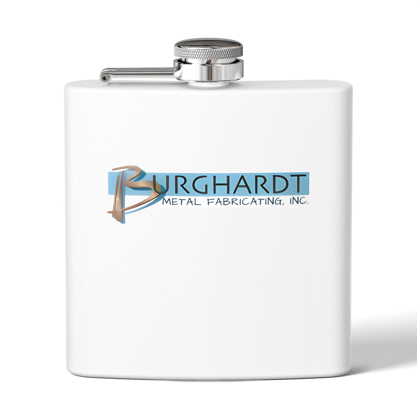 Burghardt Metal Fabricating, Inc., logo on a 6oz Stainless Steel Flask
