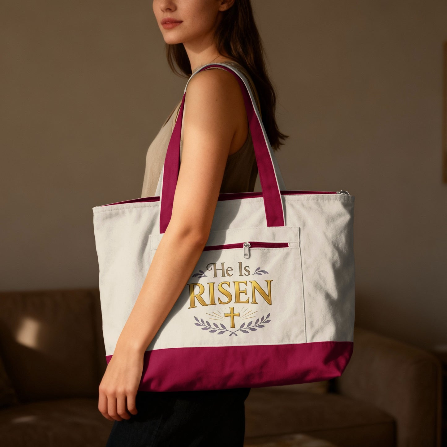 He Is Risen Religious Easter Cross Tote Bag product type