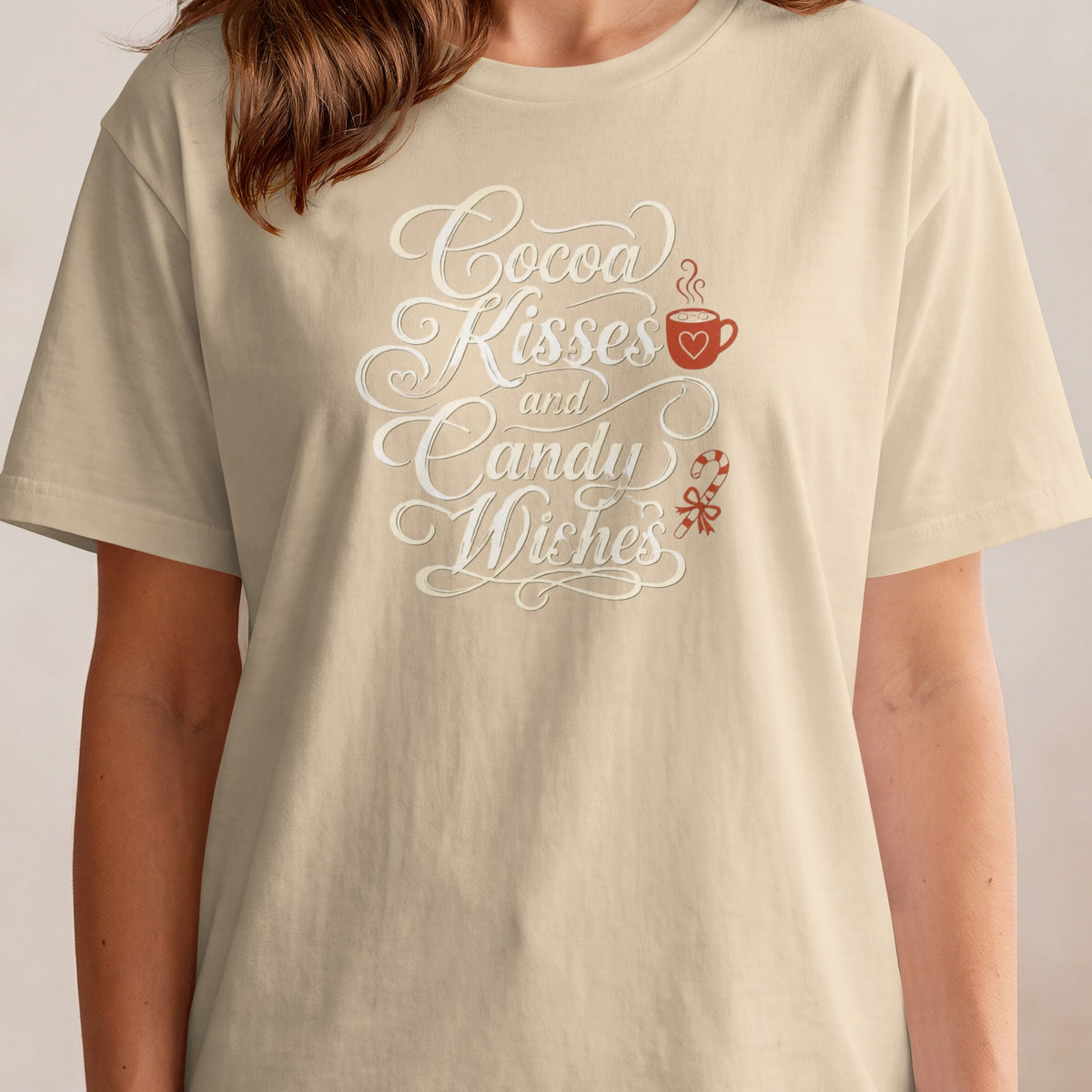T-shirt with "Cocoa Kisses and Candy Wishes" text, a cocoa mug, and candy cane.