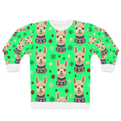 Green sweatshirt with a repeating pattern of alpacas wearing sweaters, snowflakes, and polka dots.