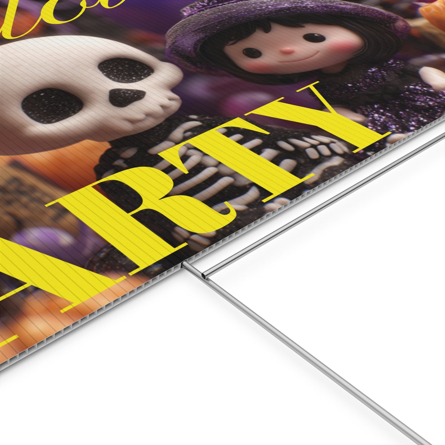 Halloween-themed party sign with cartoon characters on a grassy lawn