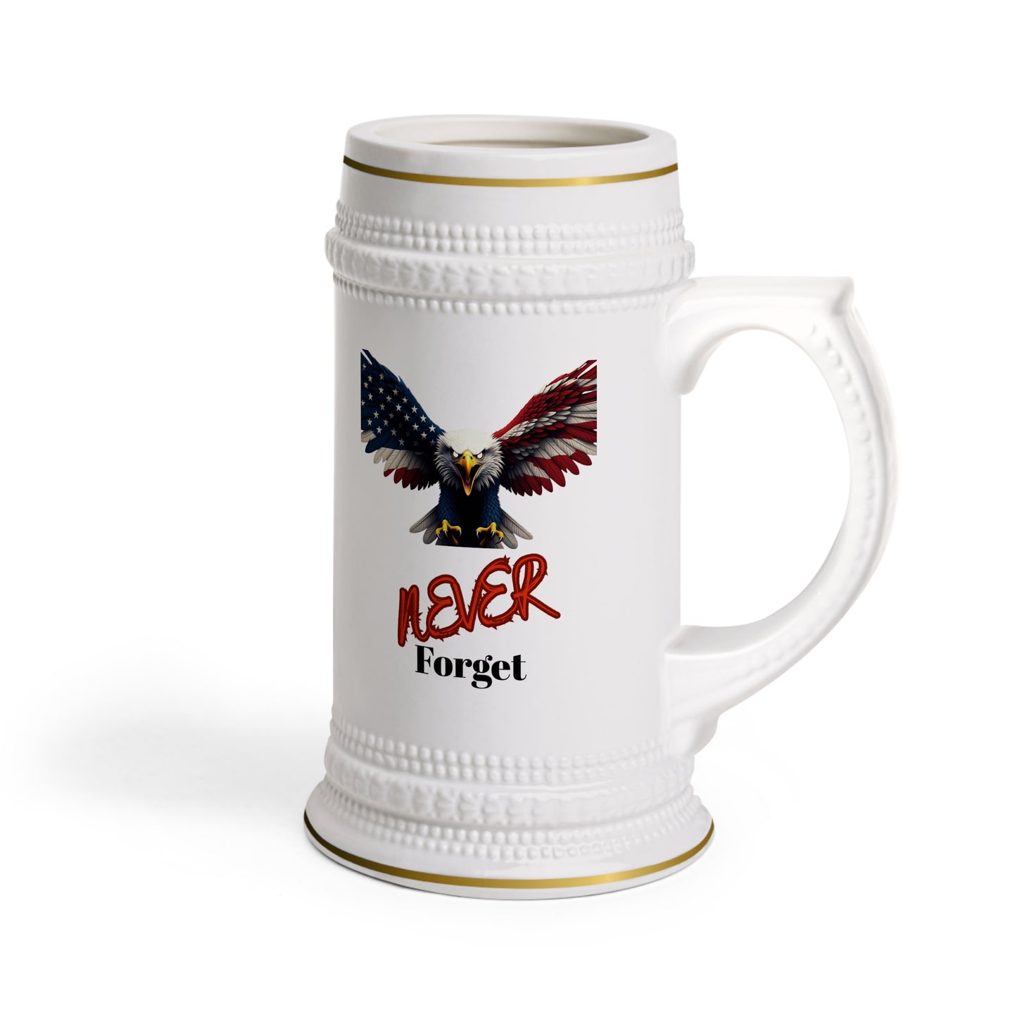 Never Forget Patriotic Eagle on a 22oz Ceramic Beer Stein