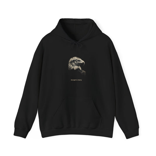 Strength in Liberty smaller text below an eagle head on a Pullover Hoodie