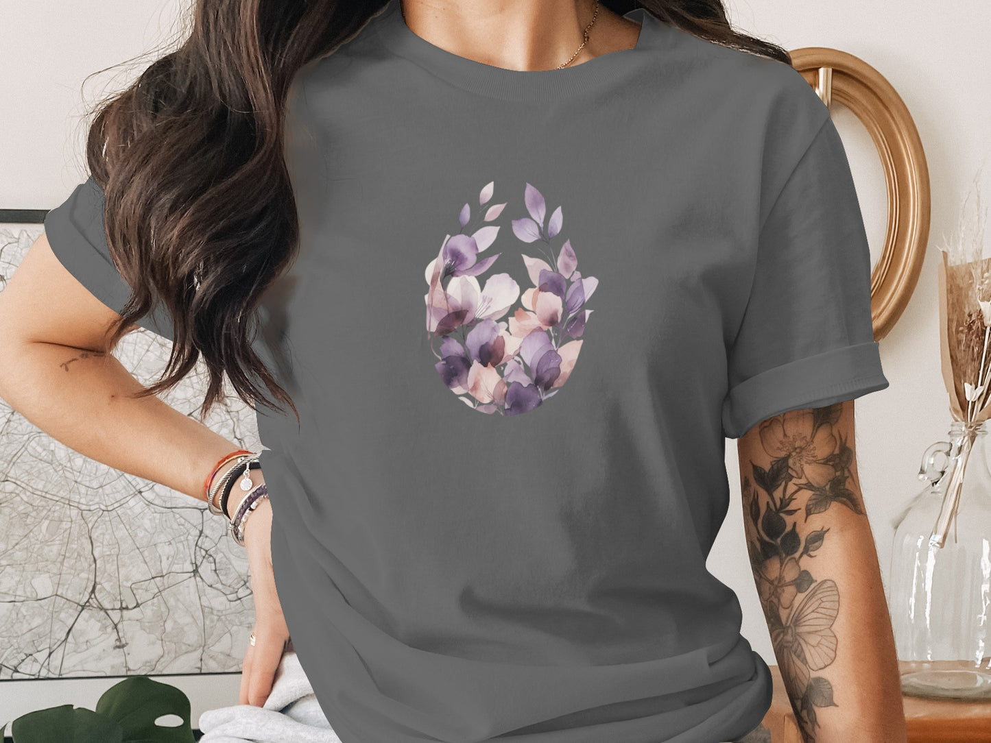 Gray T-Shirt with Floral Egg Design Graphic Tee