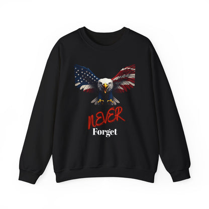 Never Forget Patriotic Eagle text on a Crewneck Sweatshirt