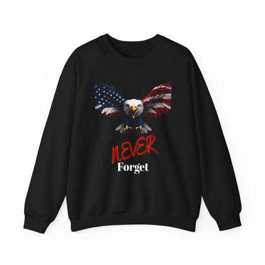 Never Forget Patriotic Eagle text on a Crewneck Sweatshirt