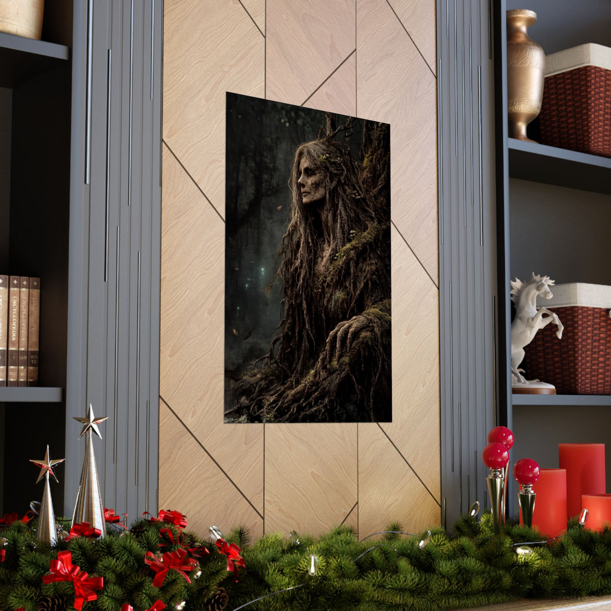 Art print of a tree spirit with roots and moss in a dark forest.