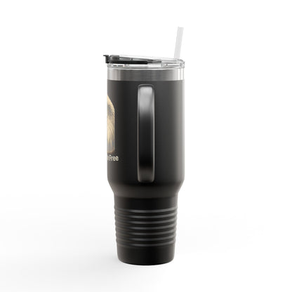Land of the Free text on the bottom of a  40oz Insulated Travel Mug