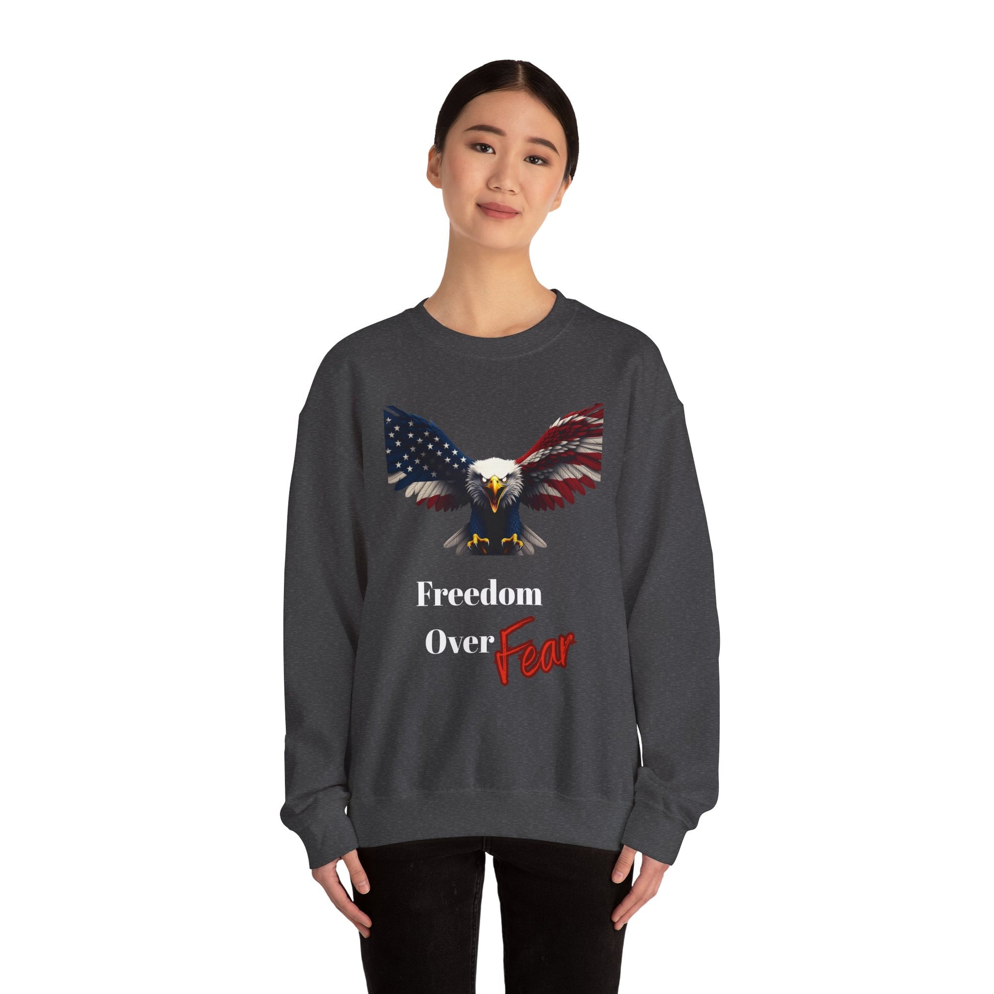Freedom Over Fear Patriotic Eagle text on a Crewneck Sweatshirt