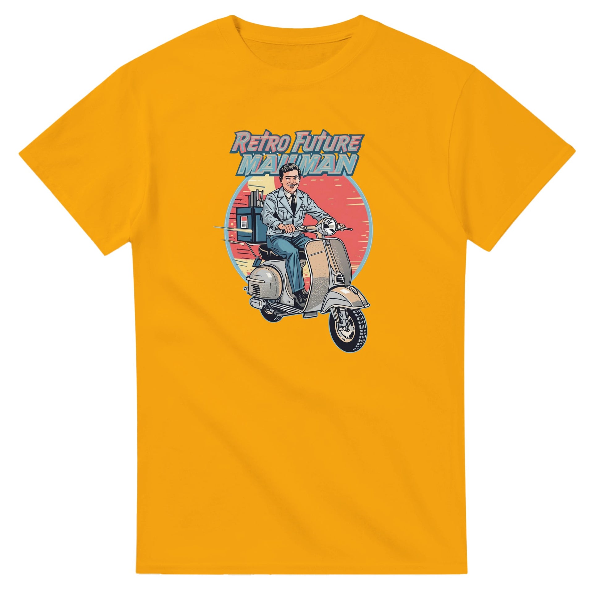 Man wearing a t-shirt with a retro design of a man on a scooter.