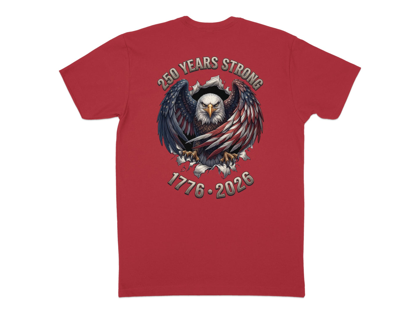 Red t-shirt with American eagle graphic and text "250 YEARS STRONG 1776-2026".