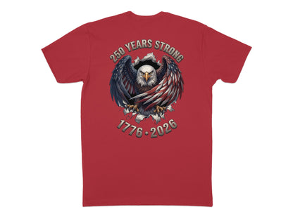 Red t-shirt with American eagle graphic and text "250 YEARS STRONG 1776-2026".