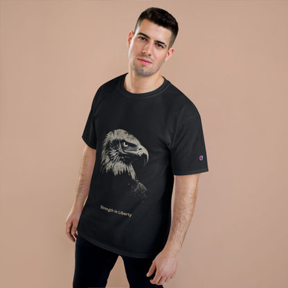 Strength in Liberty small font text below an eagle head on a Champion Tee