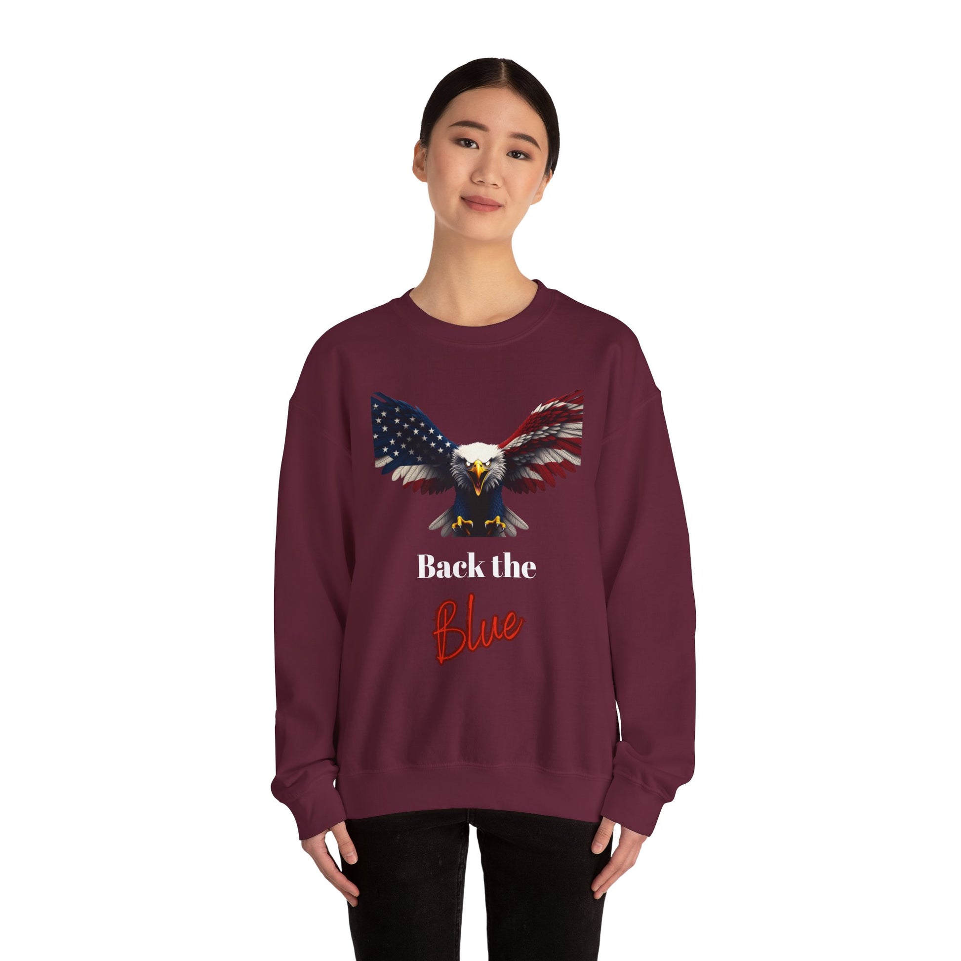 Back The Blue Patriotic Eagle text on a Crewneck Sweatshirt