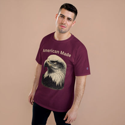 Engraved Eagle - American Made - text on the top of a Champion Tee