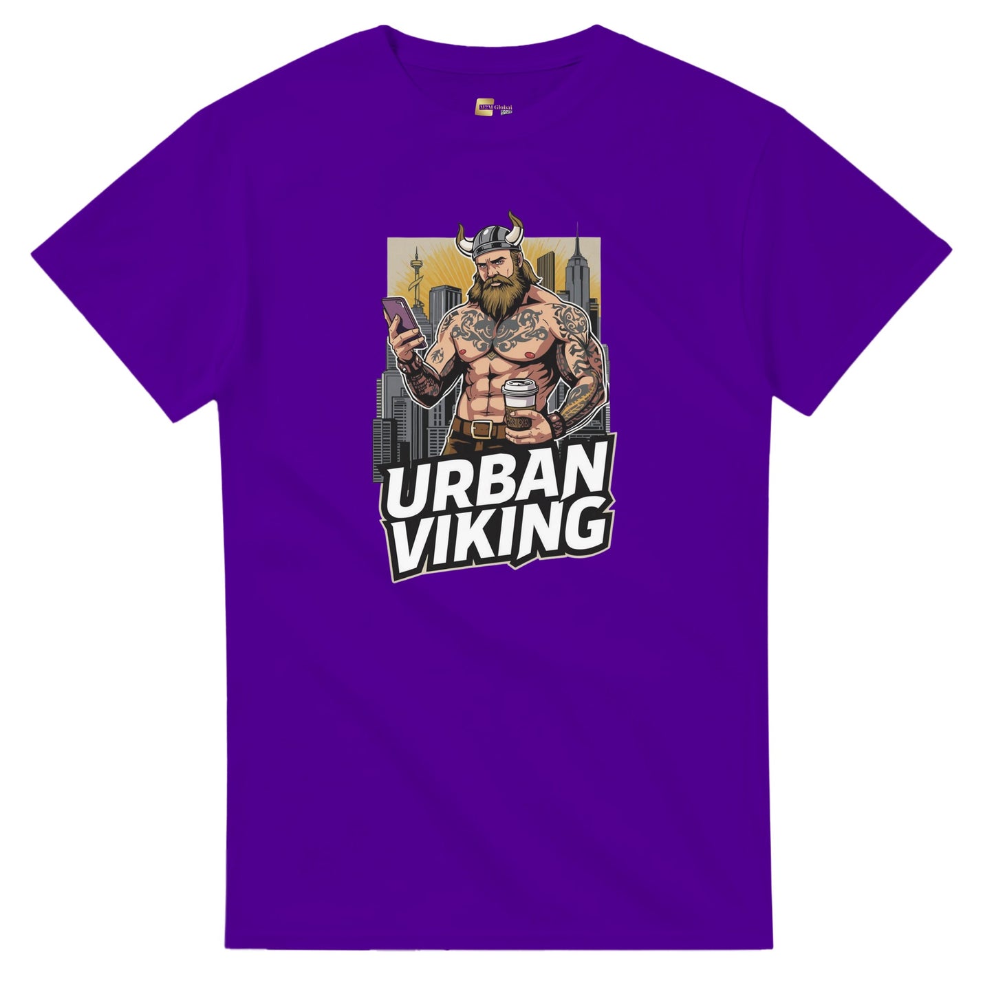 Person wearing a gray t-shirt with 'Urban Viking' graphic design in an indoor setting