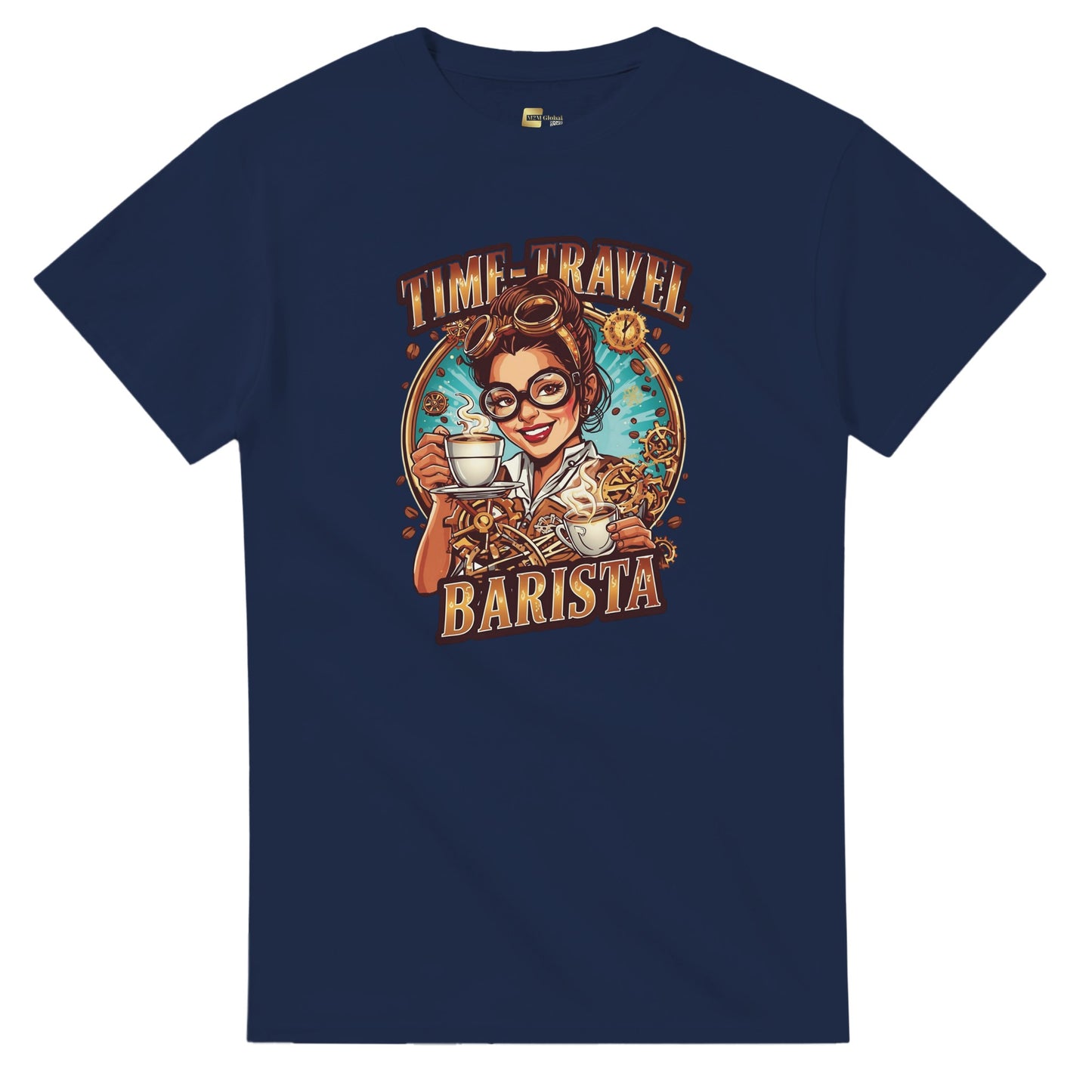 Time-Travel Barista graphic design on a Heavyweight T-shirt