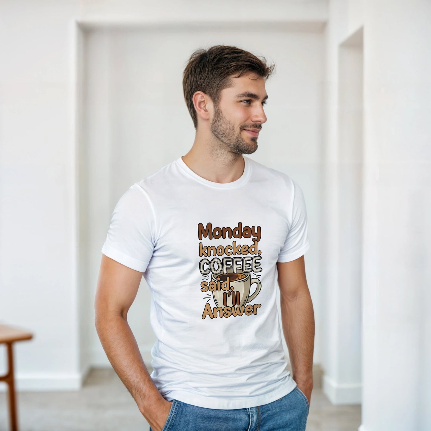 Monday Knocked, Coffee Said I'll Answer on a Heavyweight Humor & Caffeine T on a Shirt