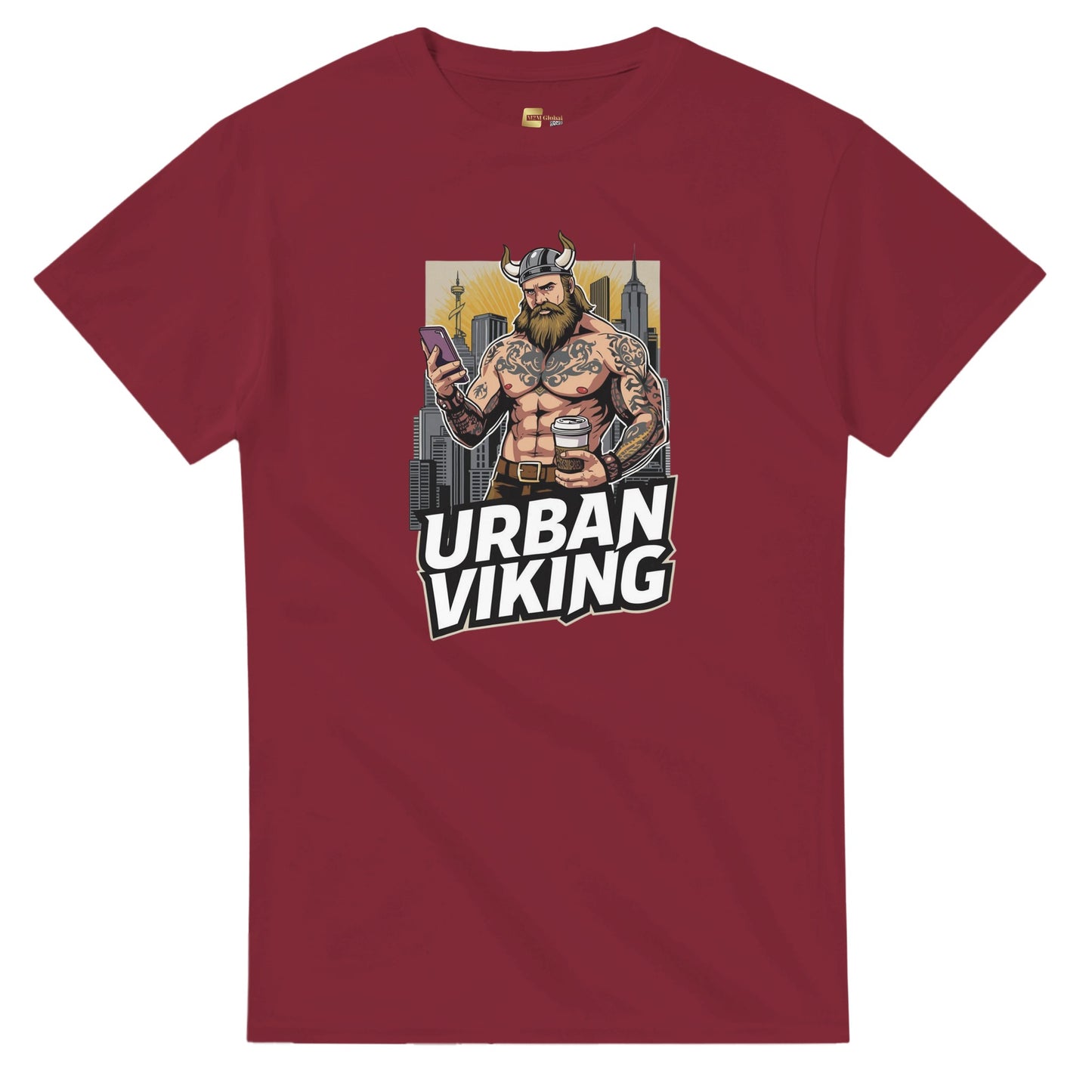 Person wearing a gray t-shirt with 'Urban Viking' graphic design in an indoor setting