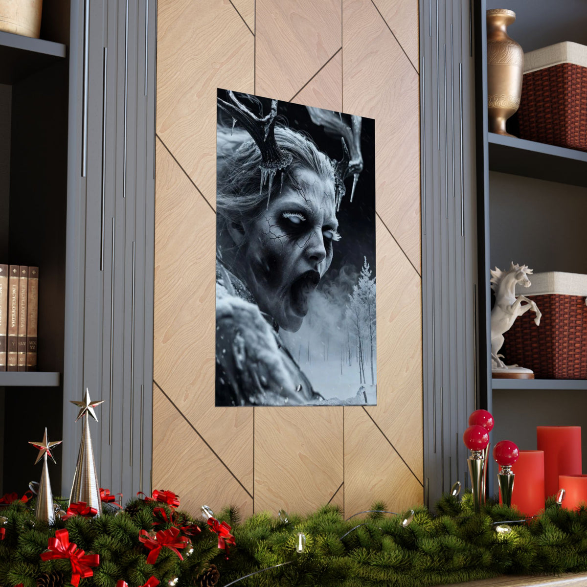 Gothic art print of a screaming ice queen with antlers and icicles.