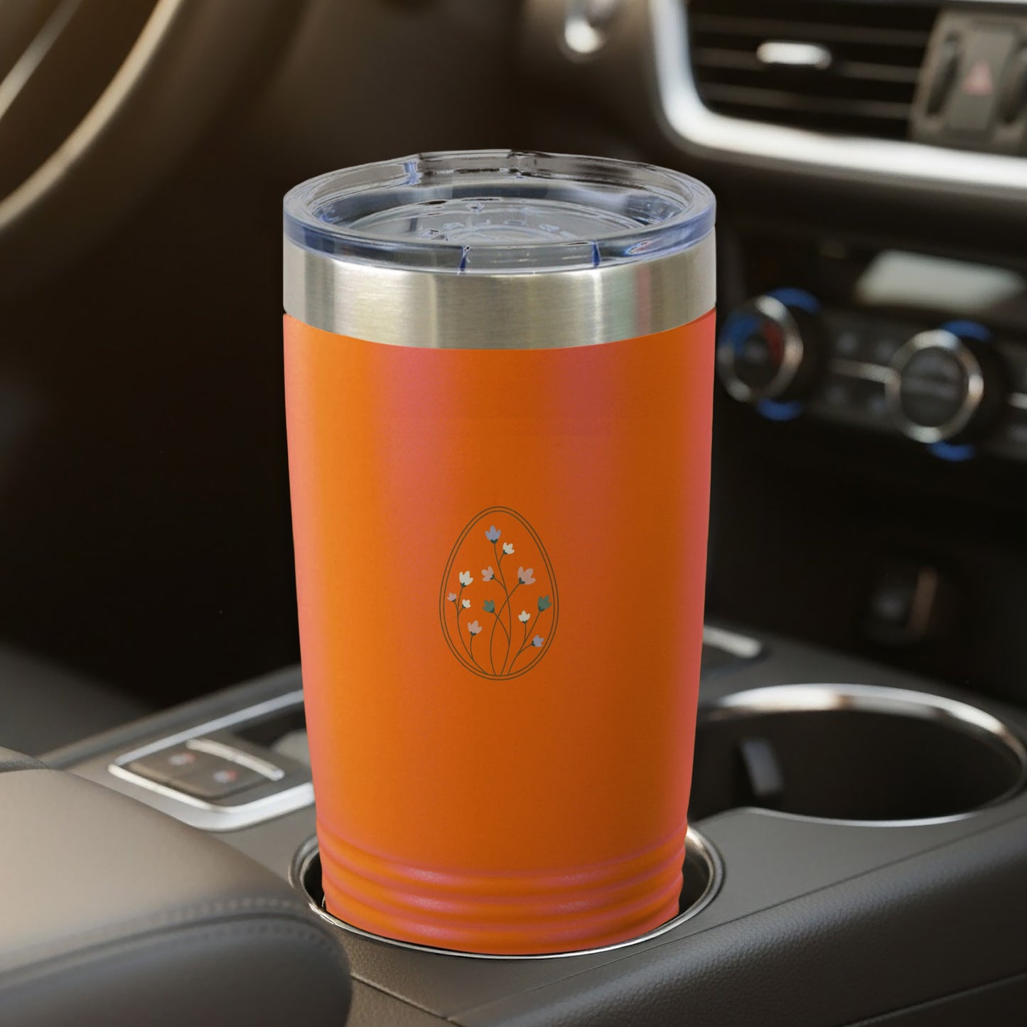 Insulated Orange Tumbler with Floral Design Travel Mug