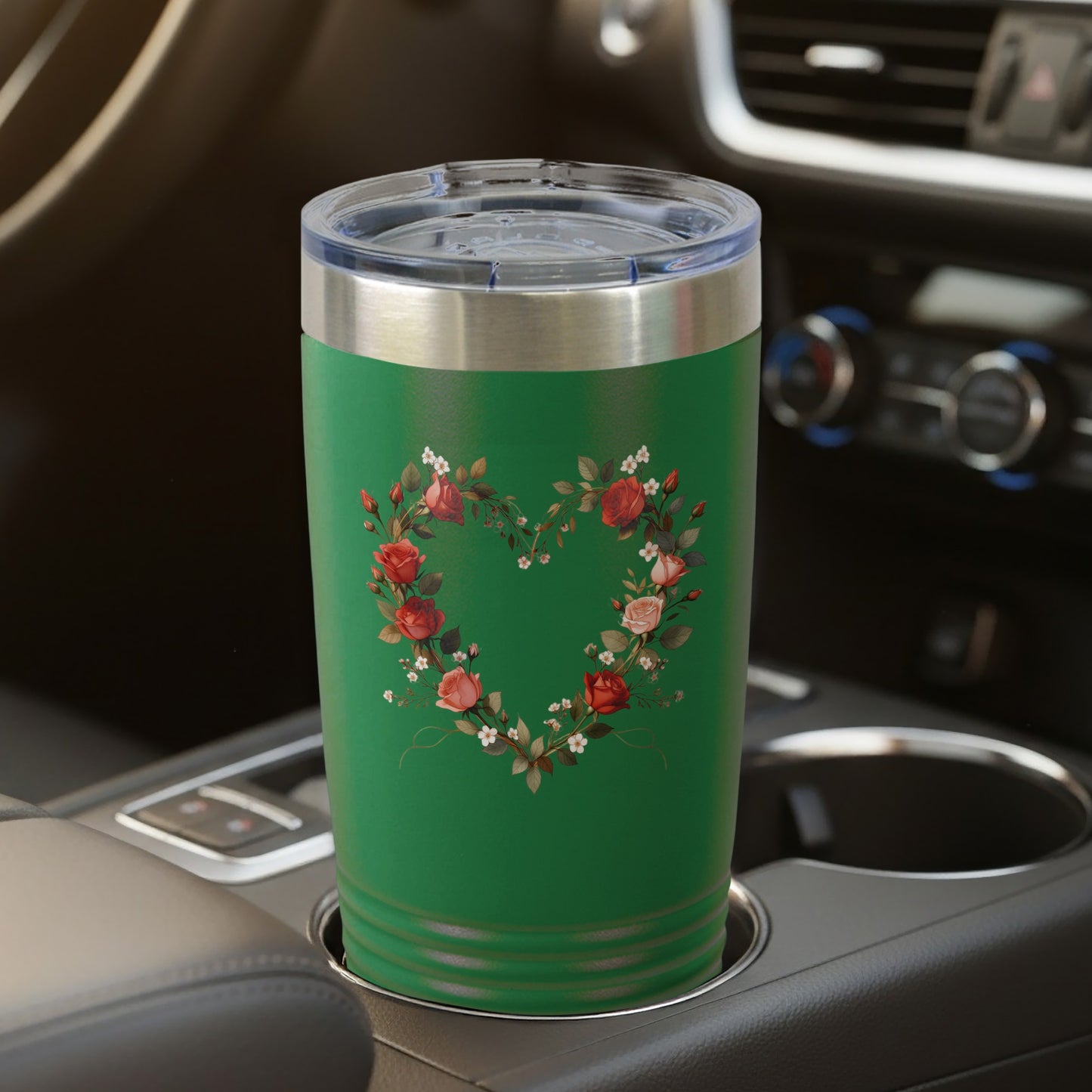 Floral Heart Design Green Tumbler for Hot and Cold Drinks