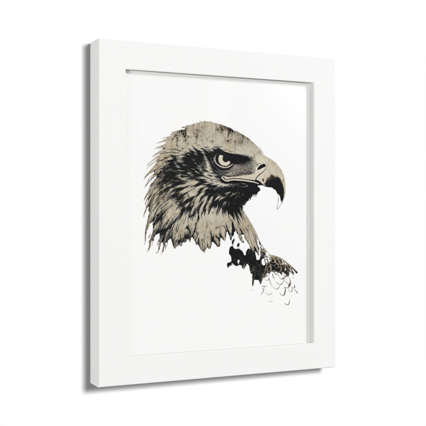 Framed close-up artwork of a detailed eagle's head in profile.