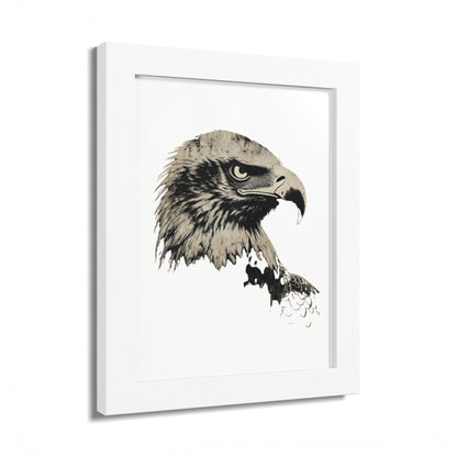 Framed close-up artwork of a detailed eagle's head in profile.