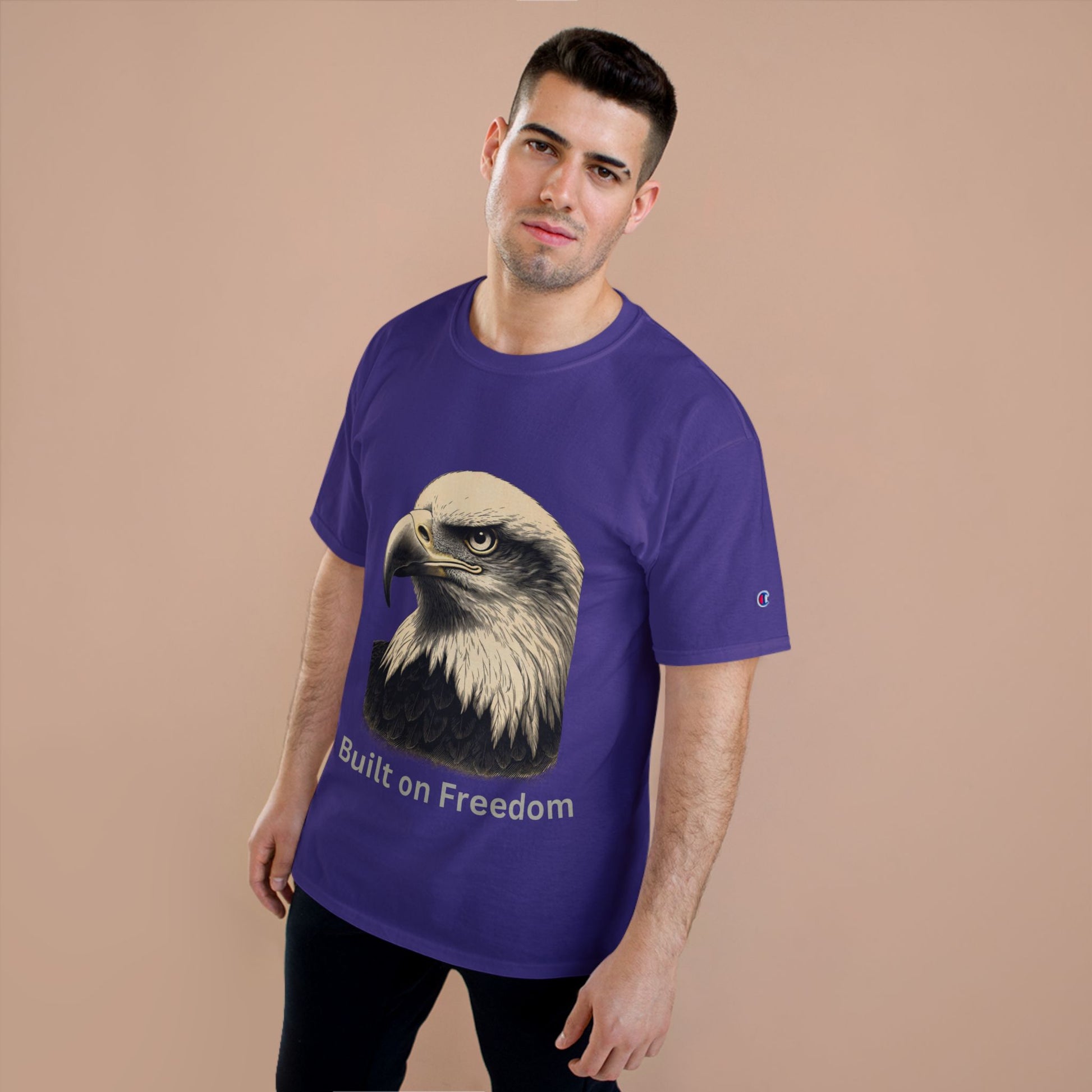 Engraved Eagle - Built of Freedom - text on the bottom of a Champion Tee