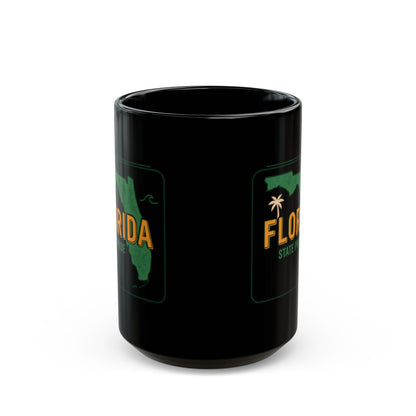 Black mug with Florida outline and palm tree logo.