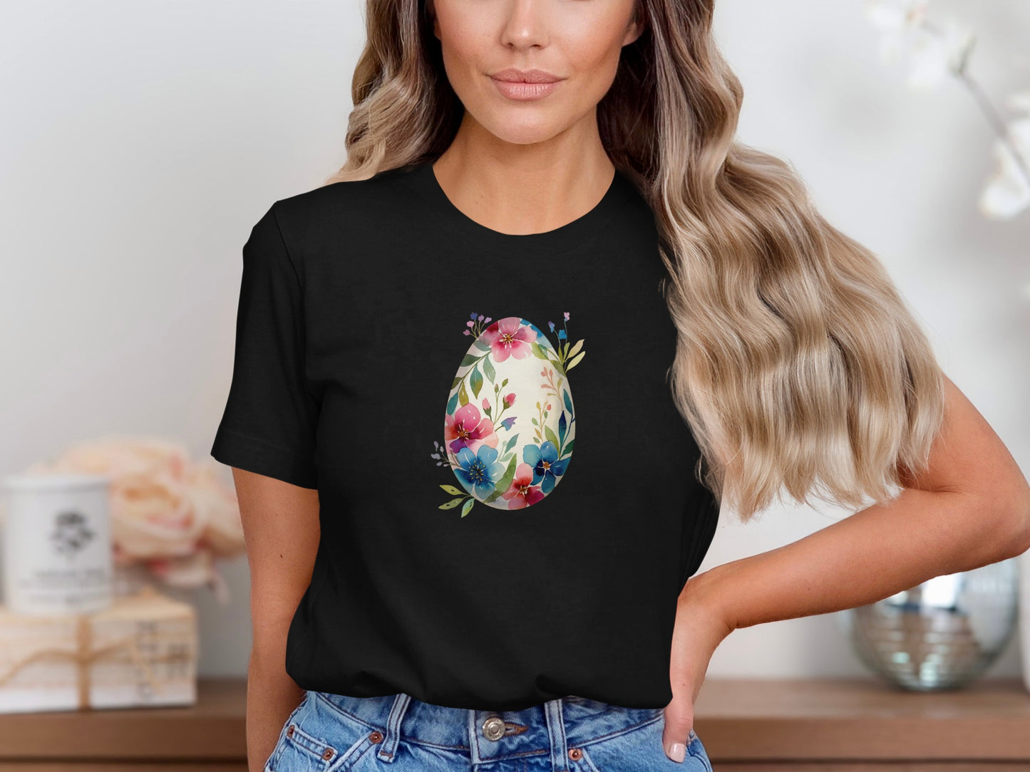 Floral Easter Egg Design Black Graphic T-shirt