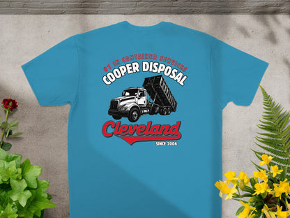 Blue t-shirt with "Cooper Disposal" logo featuring a dumpster truck and red arrow.