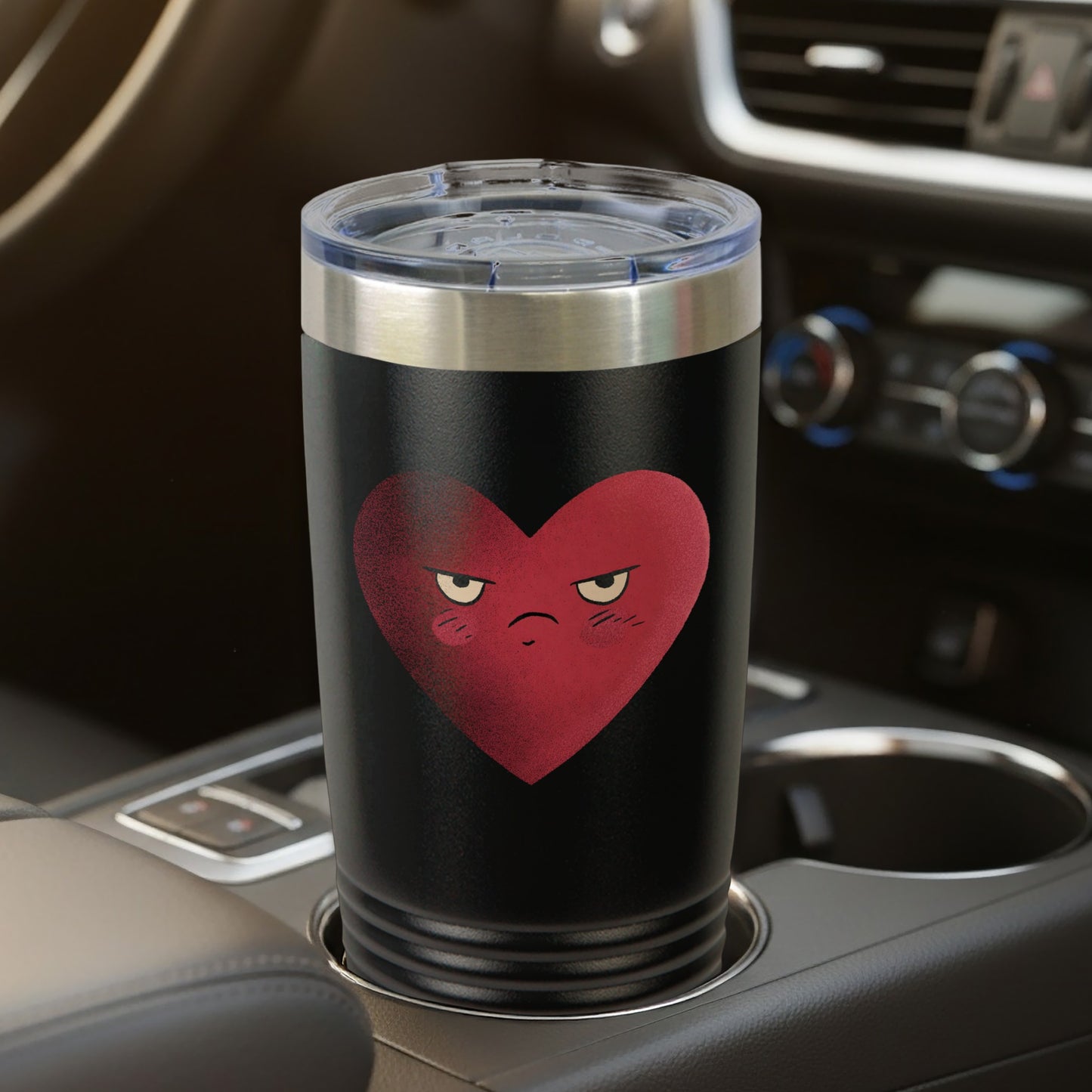 Black Travel Mug with Grumpy Heart Graphic Design