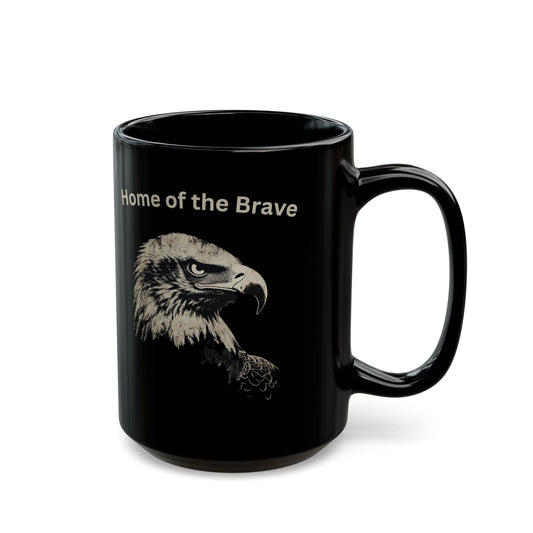 Black mug with eagle graphic and "Home of the Brave" text.