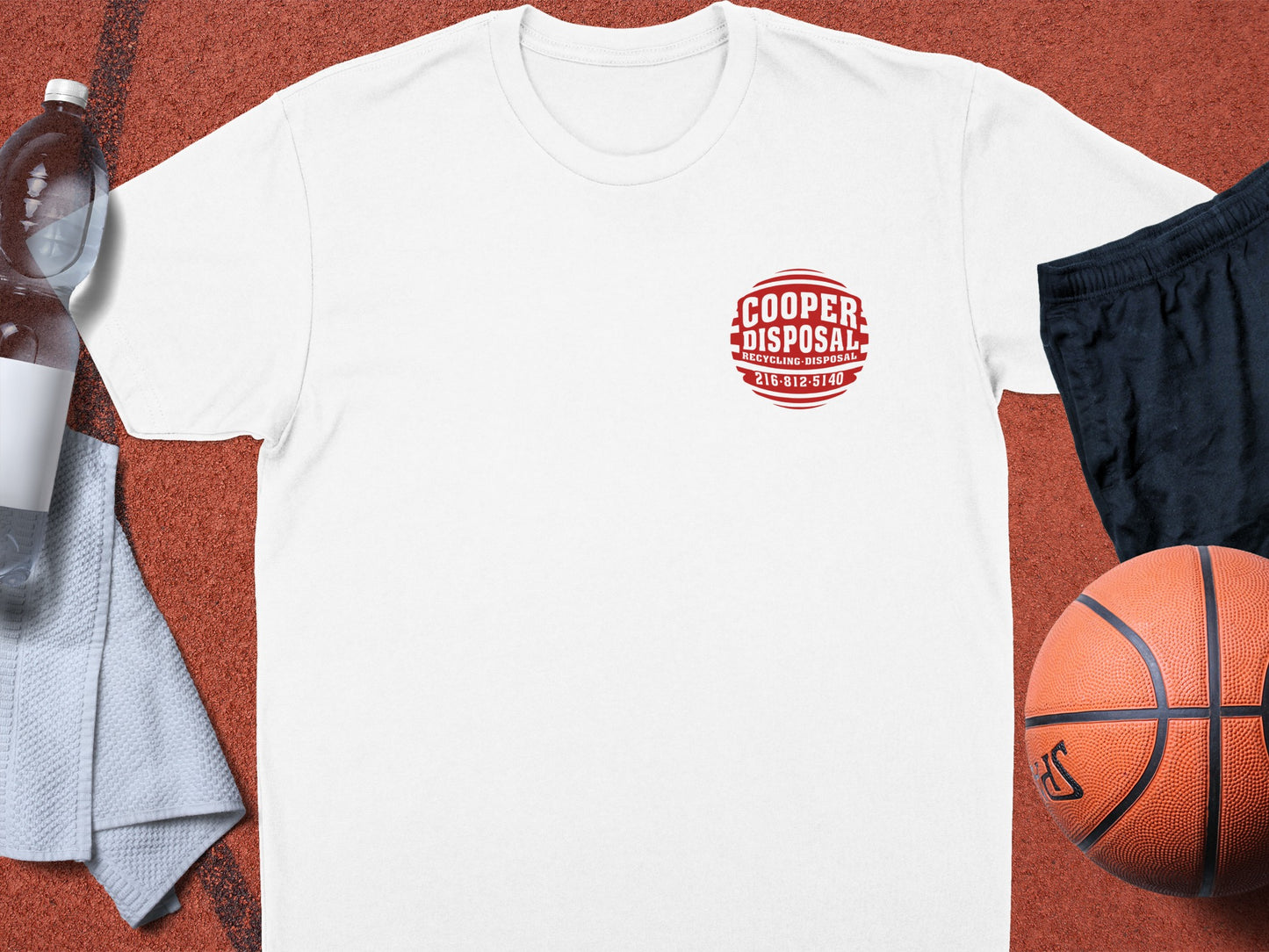 White t-shirt with red Cooper Disposal logo and phone number.