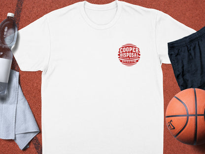 White t-shirt with red Cooper Disposal logo and phone number.