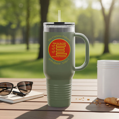 Olive green tumbler with "The Curious Pollster" logo and text on a table.