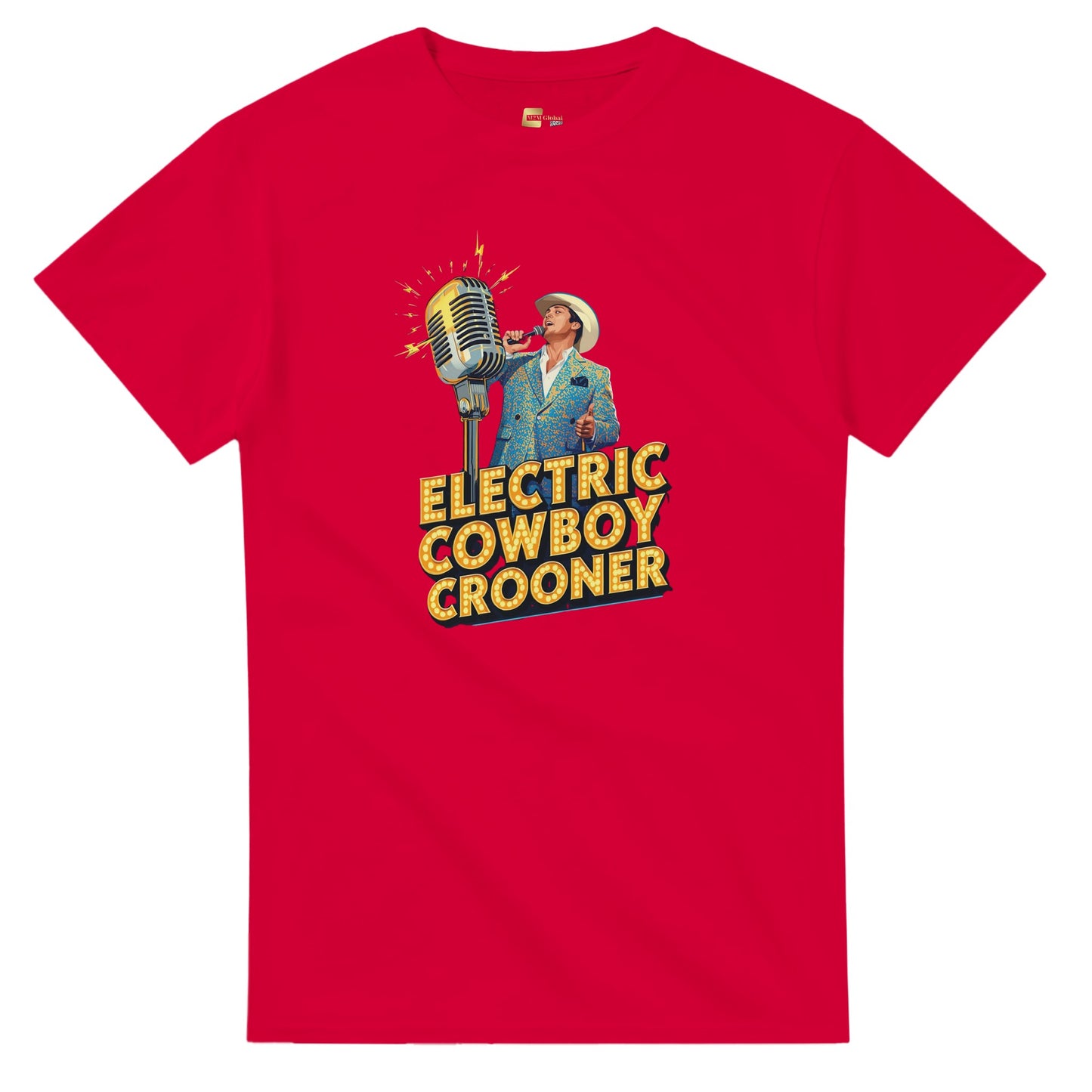 Person wearing a blue t-shirt with 'Electric Cowboy Crooner' design in a mall setting