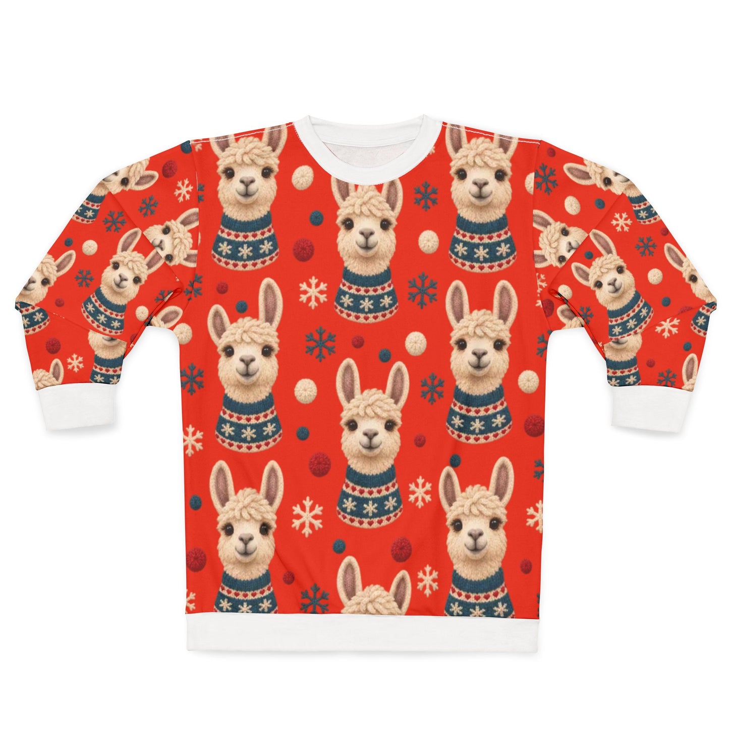 Red sweater with repeating pattern of alpacas wearing blue and red sweaters and snowflakes.