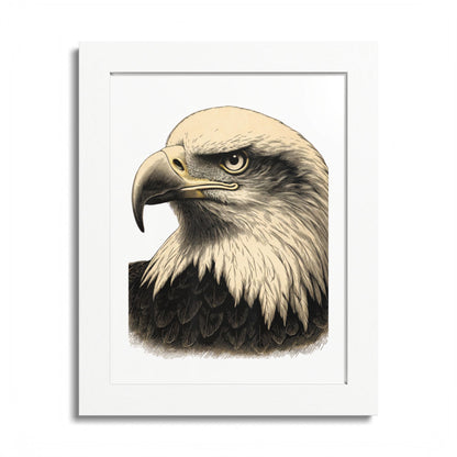 Bald eagle head illustration in a white frame.