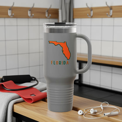 Gray tumbler with orange Florida outline and "FLORIDA" text.