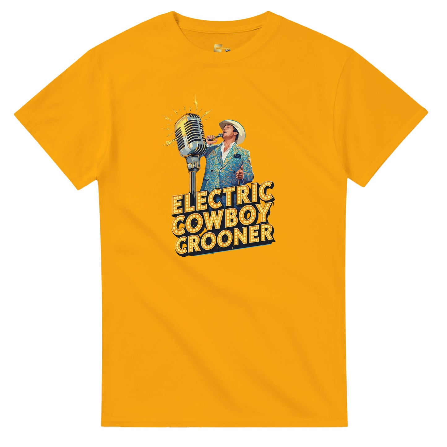 Person wearing a blue t-shirt with 'Electric Cowboy Crooner' design in a mall setting