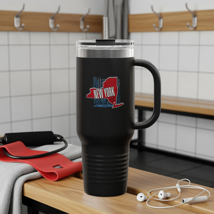 Black travel tumbler with New York State graphic and handle.