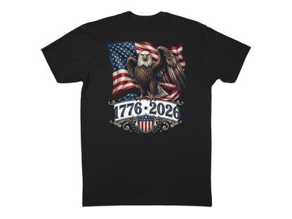 Eagle with American flag and "1776-2026" text on a black t-shirt.
