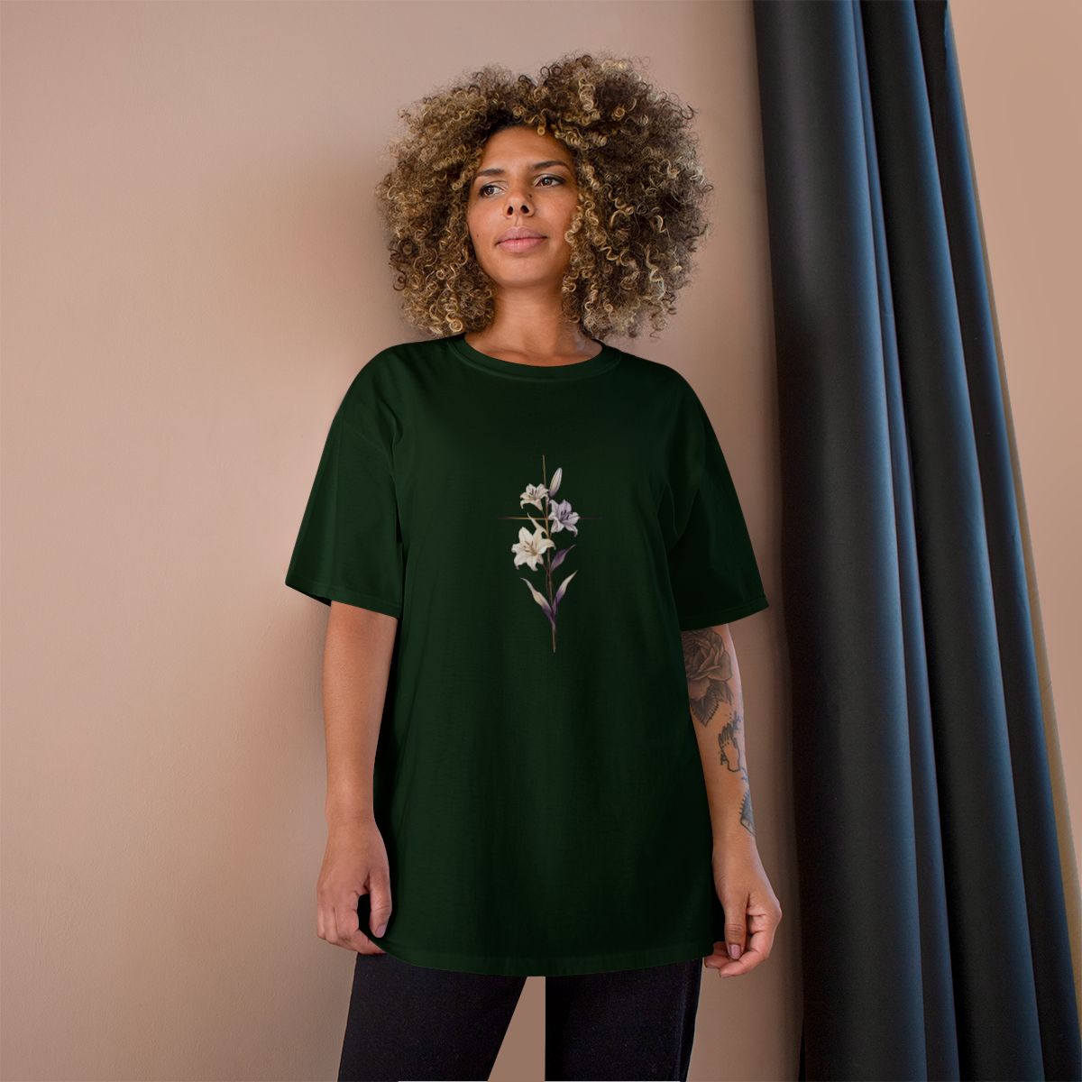 Dark Green T-shirt White Lily Cross Graphic product type